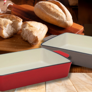 FR-FP33J Premium Cast Iron Baking Pan - in Red and Grey