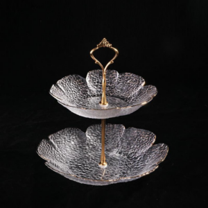 DOUBLE STEP Iris Bloom Double-Tier Glass Serving Stand with Golden Handle