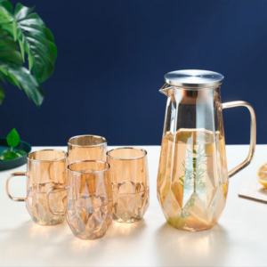 Distyt-006 Amber Glimmer Diamond-Cut Glass Pitcher Set with 4 Glasses