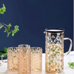 Distyt-004 Amber Mosaic Diamond-Cut Glass Pitcher Set with 4 Mugs