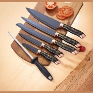 65243 9-Piece Black Marble Knife Set with Scissors, Sharpener, and Rotating Block