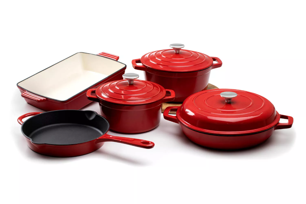 FR-8PCSET (RED) 8-Piece Cast Iron Set with Stainless Steel Knobs – Bold & Durable