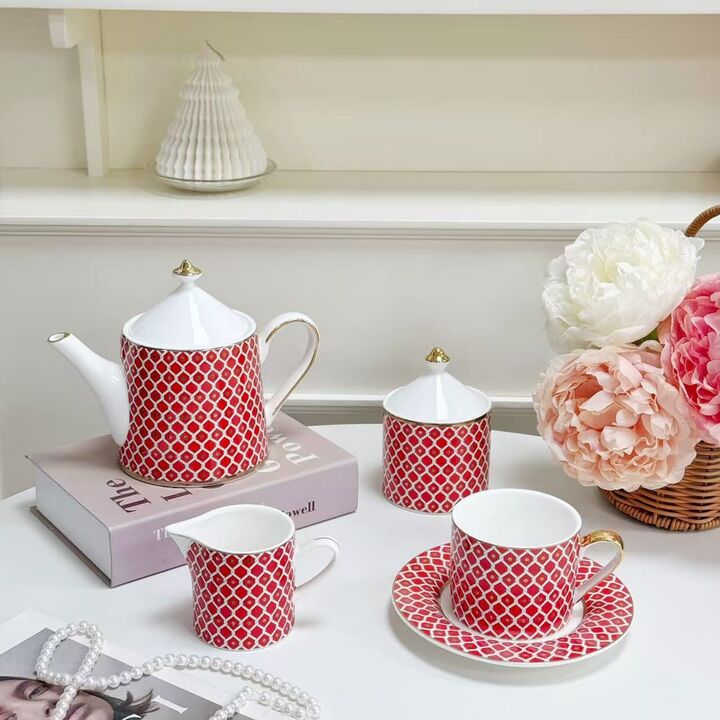 15PCS Elegant ceramic tea set (Red) - Image 2