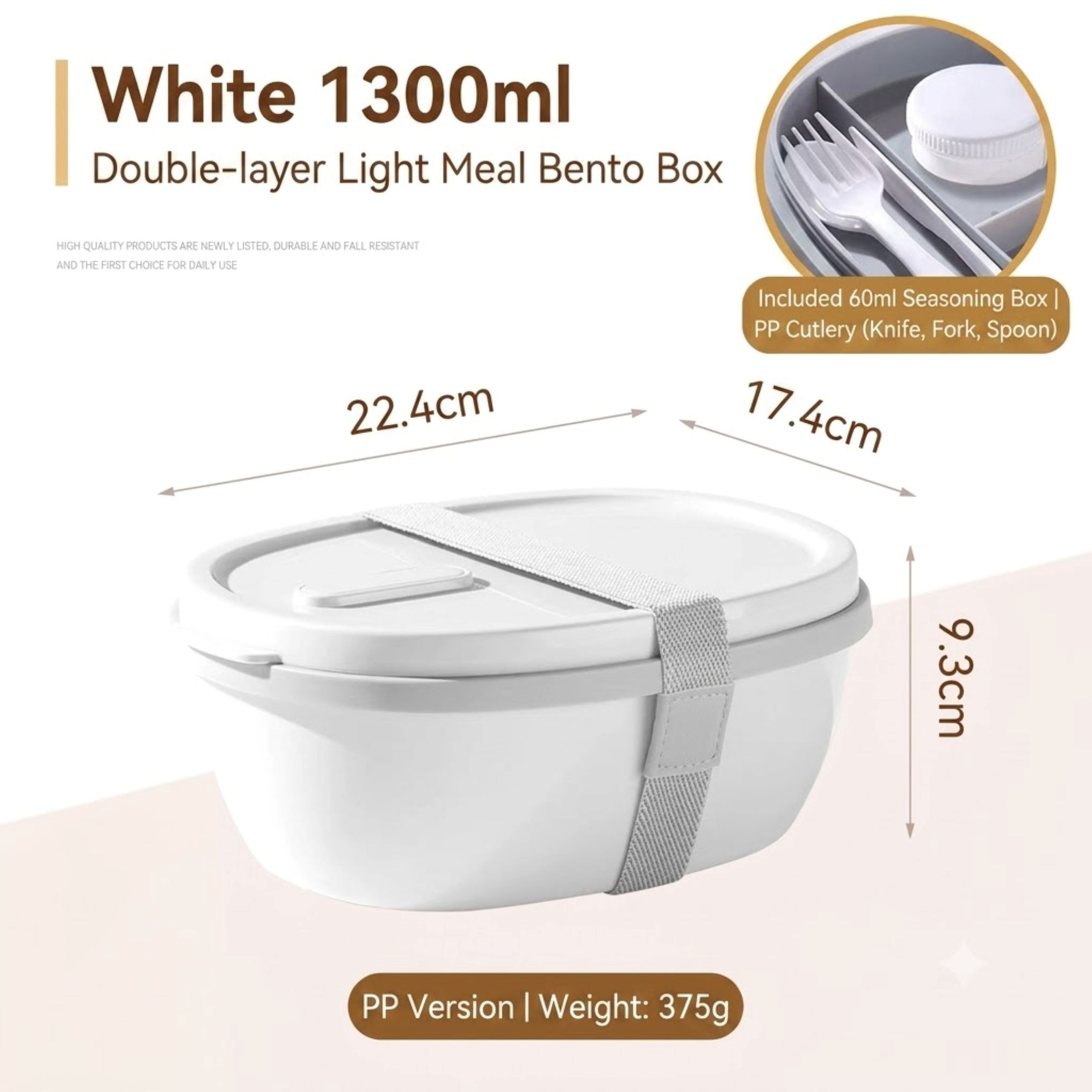 3276-HT6333 Bento Lunch Box with Cutlery & Sauce Container 1300ml - White - Image 2