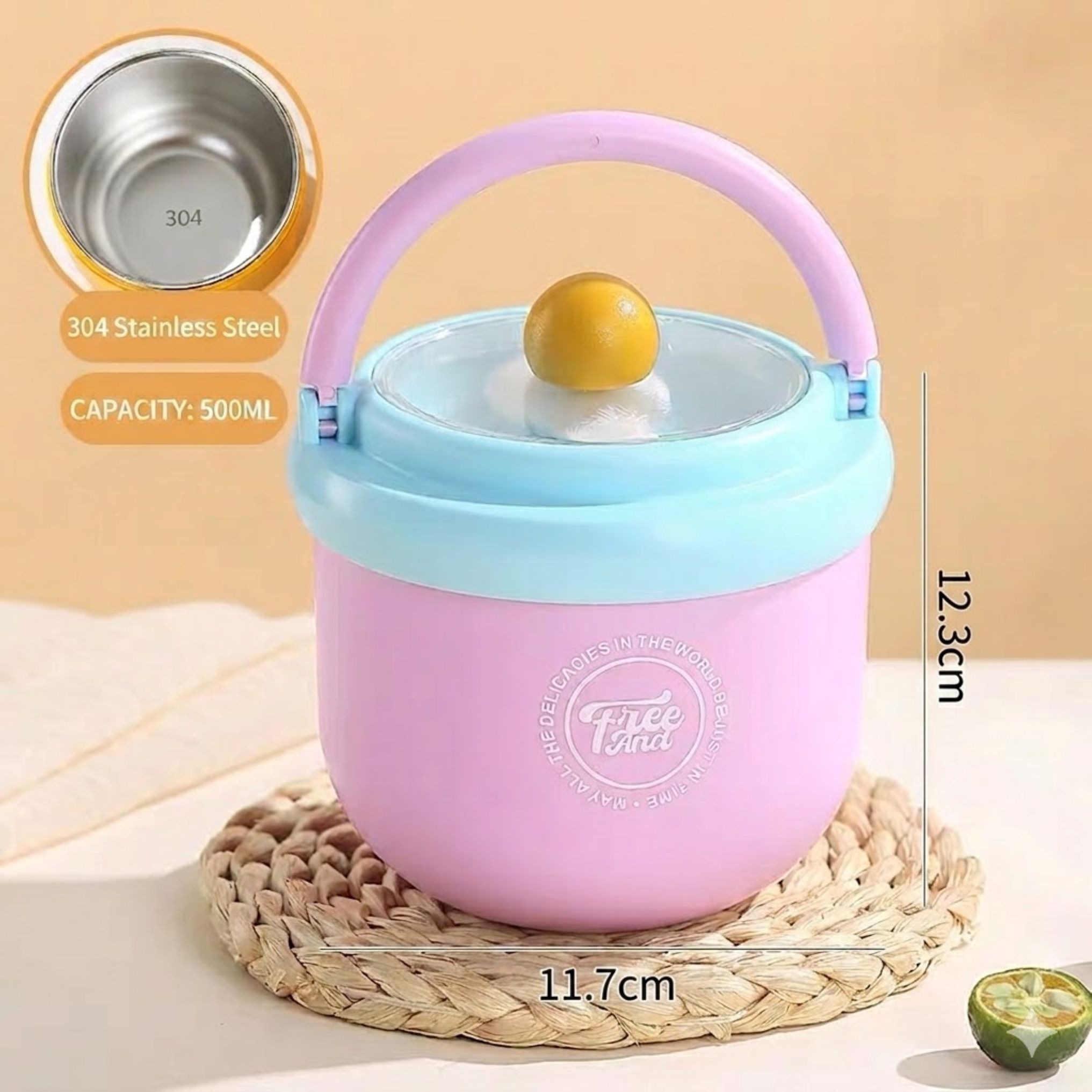 HY600B-2 ThermoFresh Double-Layer Breakfast Cup(500ml) - Purple, Blue