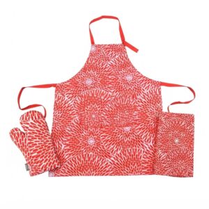 YA25002-P 3-Piece Kitchen Linen Set – Adjustable Apron, Oven Glove & Tea Towel(Red)