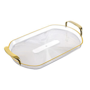 HB2310-22-2 Luxury Oval Glass Serving Tray with Gold Handles(42CM*28CM*3.2CM)