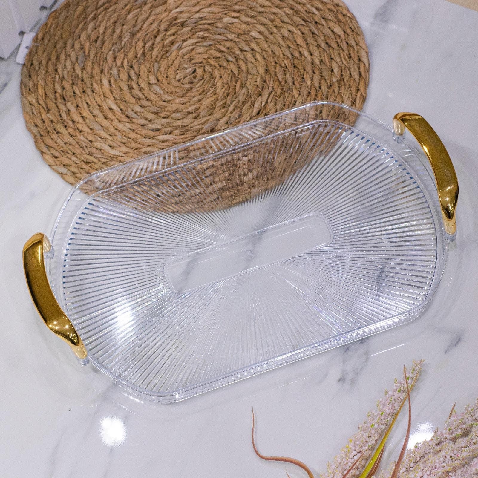 HB2310-22-1 Luxury Oval Glass Serving Tray with Gold Handles(38CM*24.5CM*2.7CM)