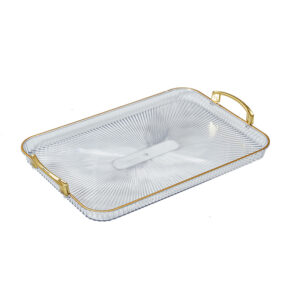 HB2310-23-1 Luxury Rectangular Glass Serving Tray with Gold Handles( 42CM*26CM*2.7CM)